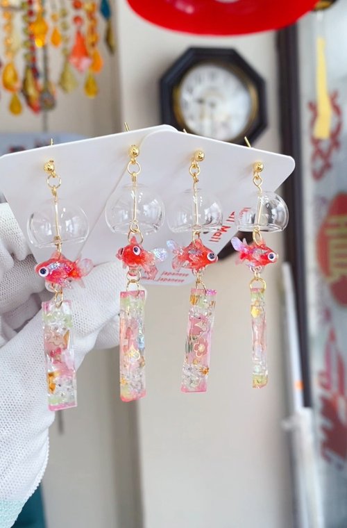 立体金魚風鈴、イヤリング、イヤリング - ショップ