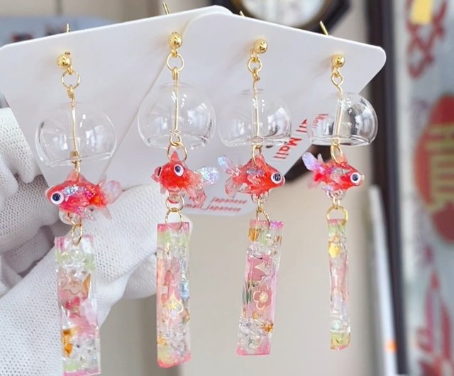 立体金魚風鈴、イヤリング、イヤリング - ショップ