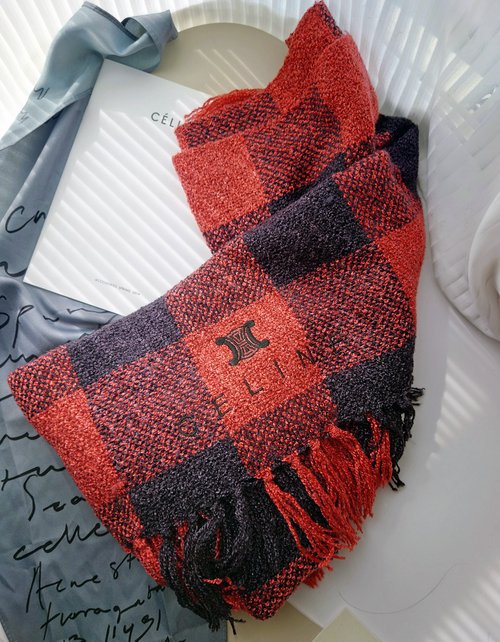 お客様予約 CELINE 凱旋門レッドチェック柄 刺繍 ネックスカーフ