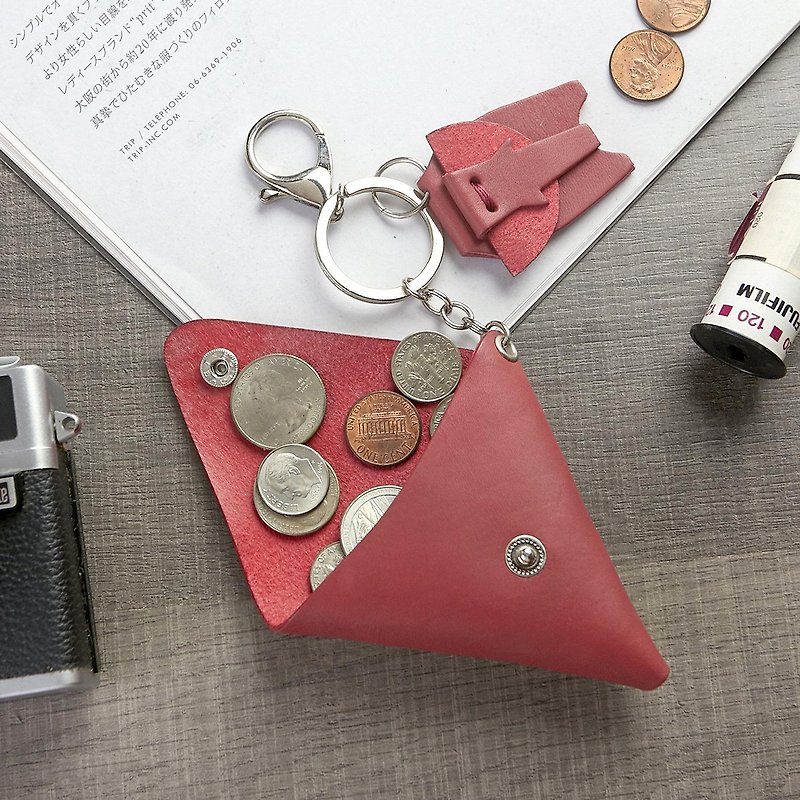 Triangle leather coin purse with elephant keychain FREE NAME ENGRAVED - Coin Purses - Genuine Leather Pink