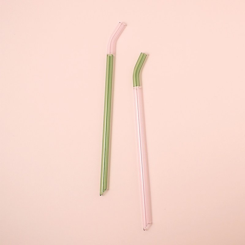 GOODGLAS | Two-color straws in a single set - pink & green/bent style - Reusable Straws - Glass Transparent