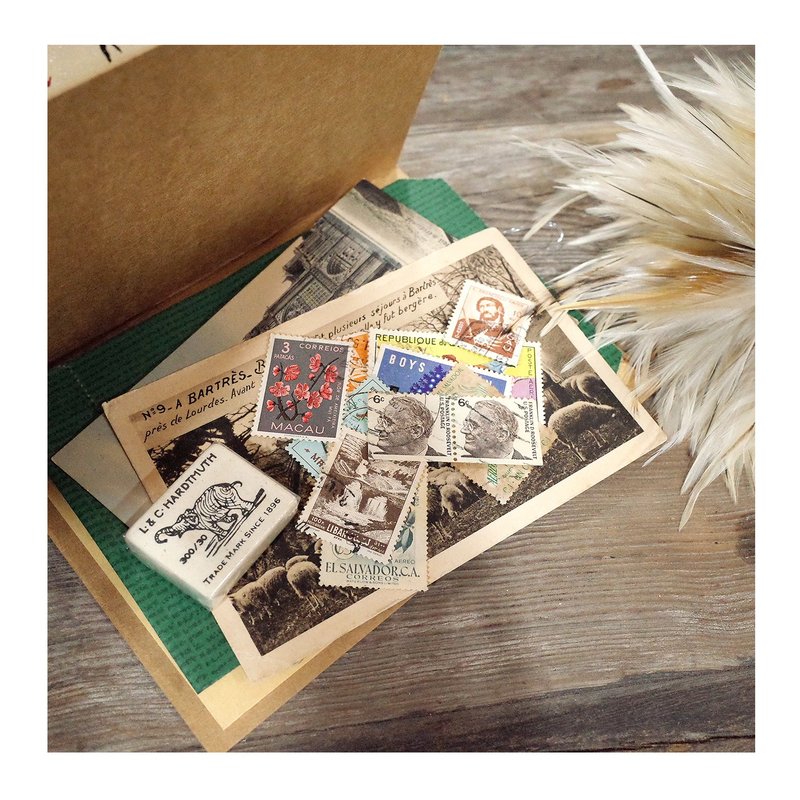 古董紙+老郵票+西班牙老明信片+標籤+大象橡皮擦+雞婆筆.手帳素材 - 卡片/明信片 - 其他材質 