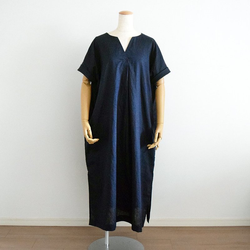 ハーフリネンシンプルキーホールネックマキシワンピース　navy　受注制作 - 洋裝/連身裙 - 棉．麻 藍色