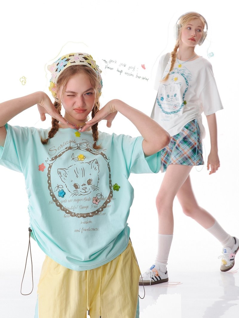 ziziFei夏季美式寬松上衣設計感抽繩上衣圓領貓咪印花短袖T恤女 - 女 T 恤 - 其他材質 
