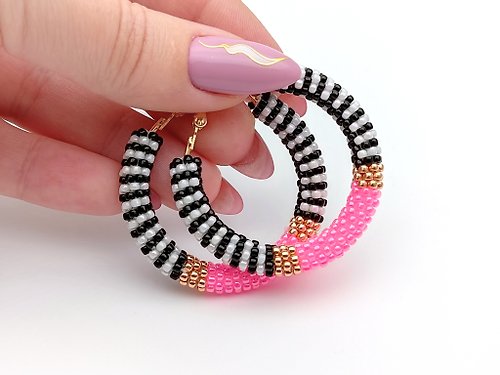 IrisBeadsArt 手作, 耳環, 派對, 華麗耳環, Bright pink hoop earrings, Handmade earrings, Big beaded hoops