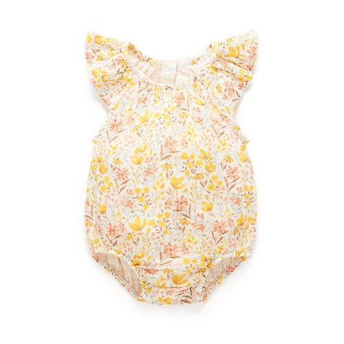 Purebaby有機棉 澳洲Purebaby有機棉嬰兒短袖包屁衣 / 新生兒連身衣 橘黃花卉