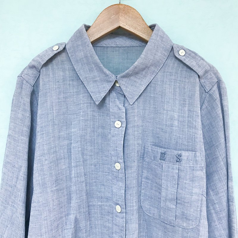 Top / Sky Blue Long-sleeves Blouse - Women's Shirts - Cotton & Hemp Blue