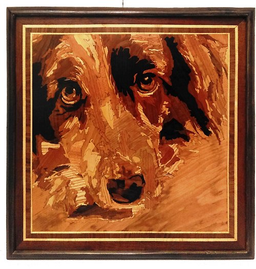 Woodins Collie Dog portrait inlay framed mosaic wood panel ready to hang home wall decor