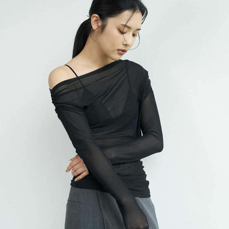 長袖シアーカットソーシリーズ | 薄手長袖トップス チュールレイヤードトップス マイクロネックギャザートップス - トップス - コットン・麻 ブラック