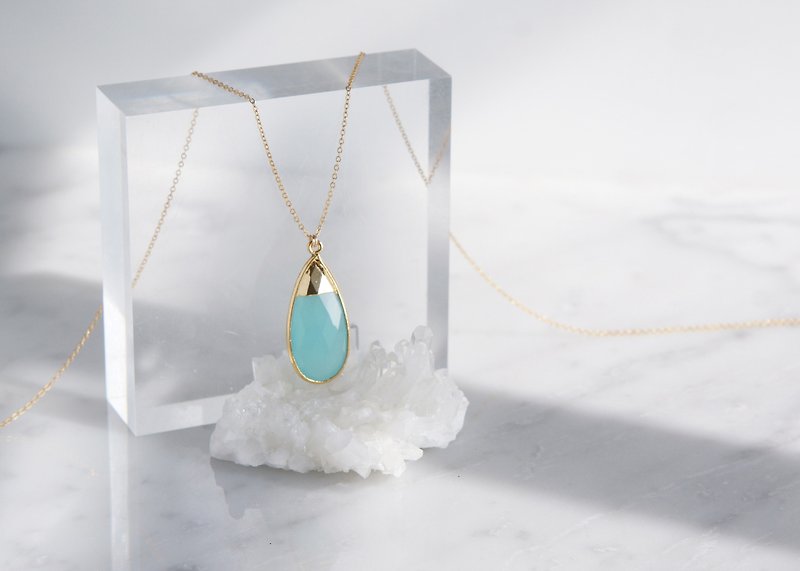 【14 KGF】 Long Necklace, Gemstone, Pear-Shaped Aqua Chalcedony - Long Necklaces - Gemstone Blue
