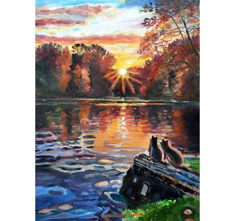 Sunset  Painting  Original Art Nature Artwork  Oil Painting   Oil On Canvas - 壁貼/牆壁裝飾 - 其他材質 綠色