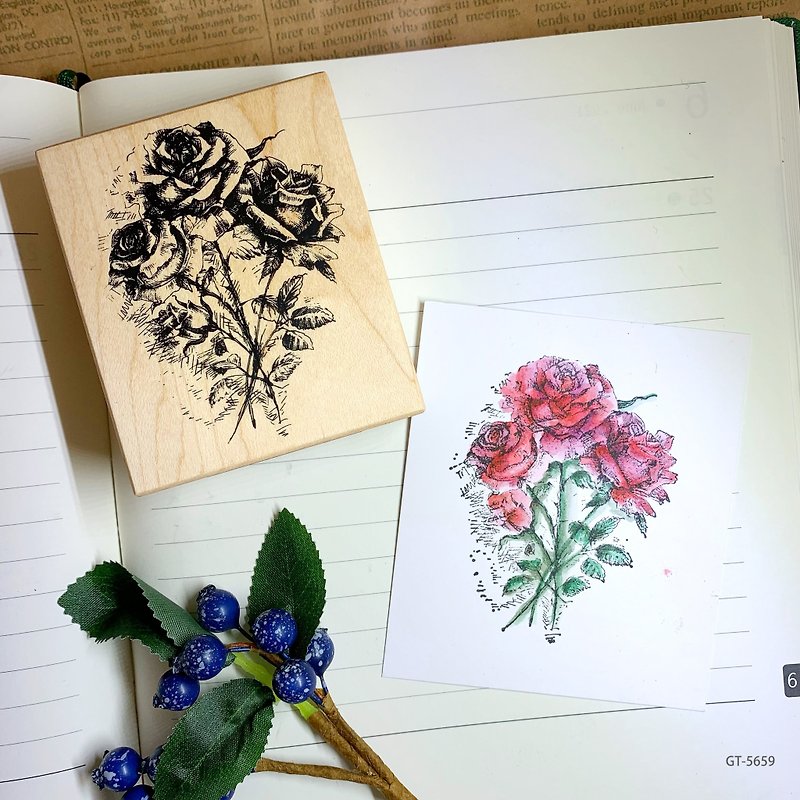 Maple wood stamp- three sketch roses GT-5659 - Stamps & Stamp Pads - Wood 