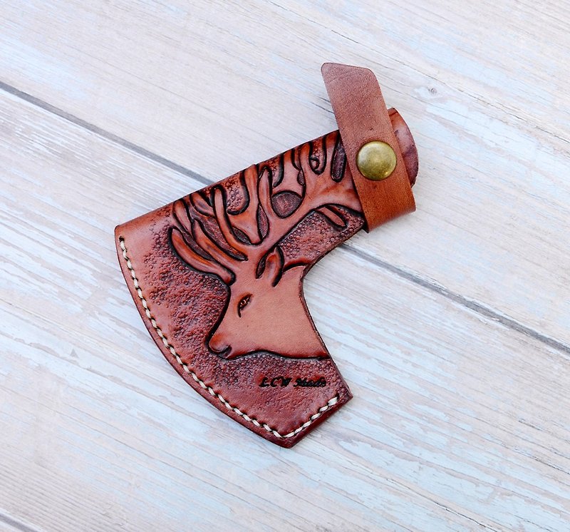 [Customized model] Cold steel Pipe Hawk hammer ax scabbard (deer head carving)/sold only in leather case - Leather Goods - Genuine Leather Orange
