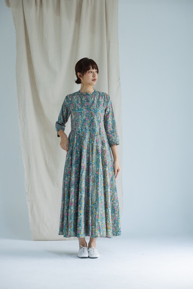 Three-quarter sleeve collar sewing dress_Lvcai Garden - One Piece Dresses - Cotton & Hemp Green