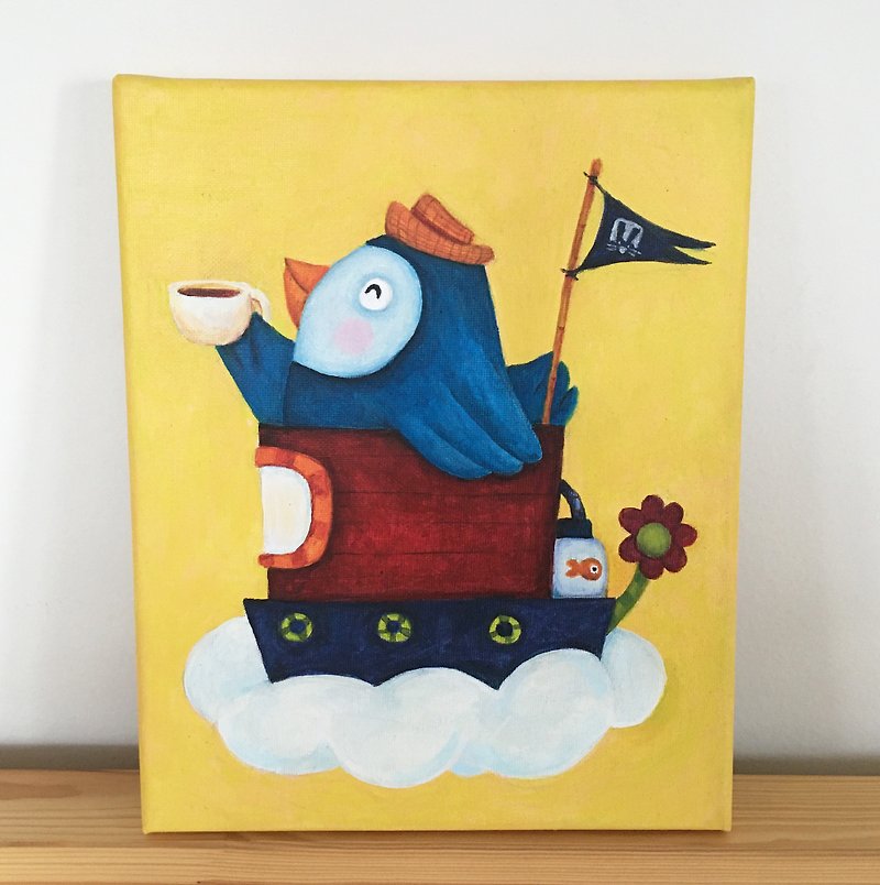 Mini acrylic painting on canvas / A happy blue bird travel - Wall Décor - Other Materials Yellow