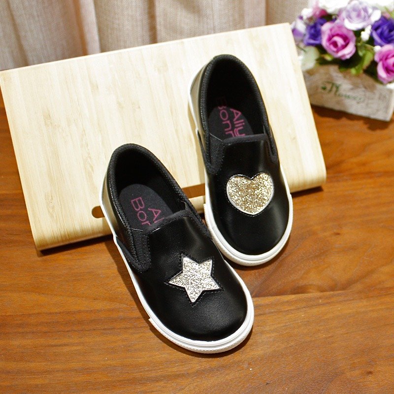 台灣製親子鞋 不對稱金蔥懶人鞋-黑色16號 - 童裝鞋 - 真皮 黑色