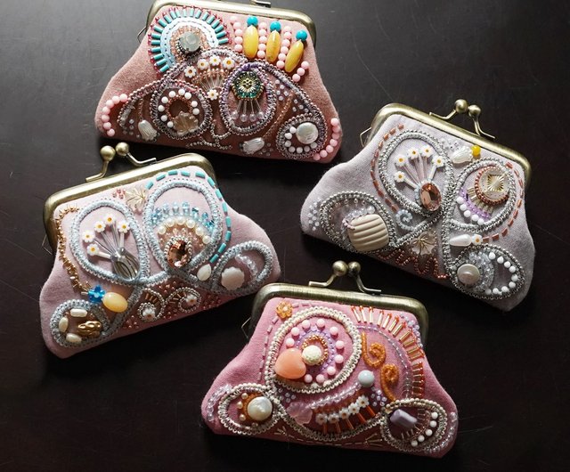 ビーズがま口ハンドメイド、魅惑のピンク4点セット