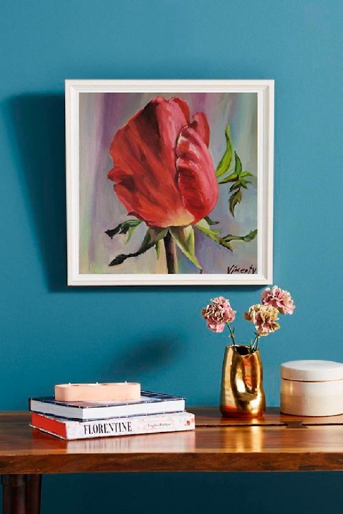 Vikenty Art Shop Dramatic Rose, Big Red Rose Buds, Artwork with Flowers, Floral painting