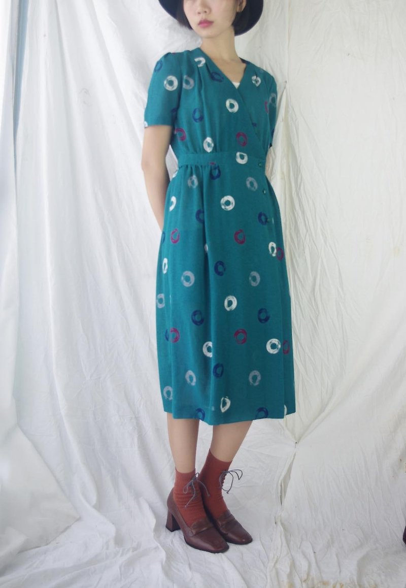 ヴィンテージトレジャーハント - ブルークロス緑の襟の気質レトロなドレス - ワンピース - ポリエステル グリーン