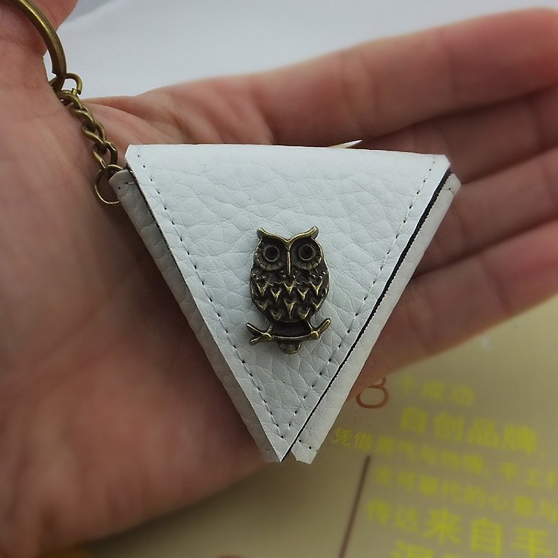 Valentine's Day Gift Customized Owl Triangle Coin Purse Bag, Guitar Pick Bag Keychain Charm - Coin Purses - Genuine Leather White