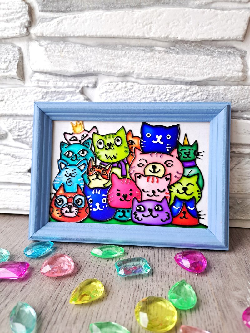 Blue Stained Glass original painting Multicolored cats 13x18 cm Kids room decor - Wall Décor - Glass Blue