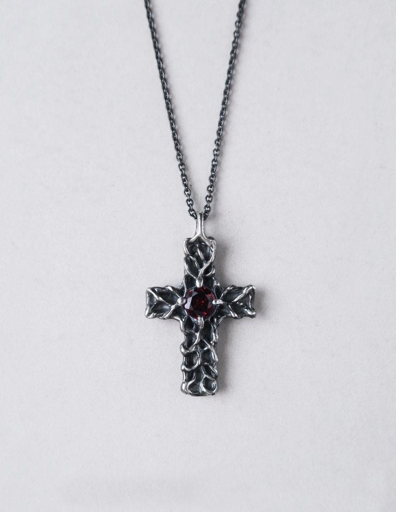 cross silver925 necklace unisex natural garnet gemstone - 項鍊 - 純銀 