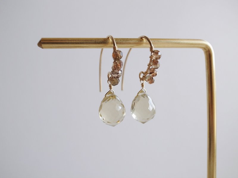 14KGF beryl × lemon crystal autumn natural stone earrings ear hook - Earrings & Clip-ons - Gemstone Brown