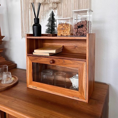 Leelyn 小柚木櫃、玻璃櫃、極簡櫃復古實木櫥櫃