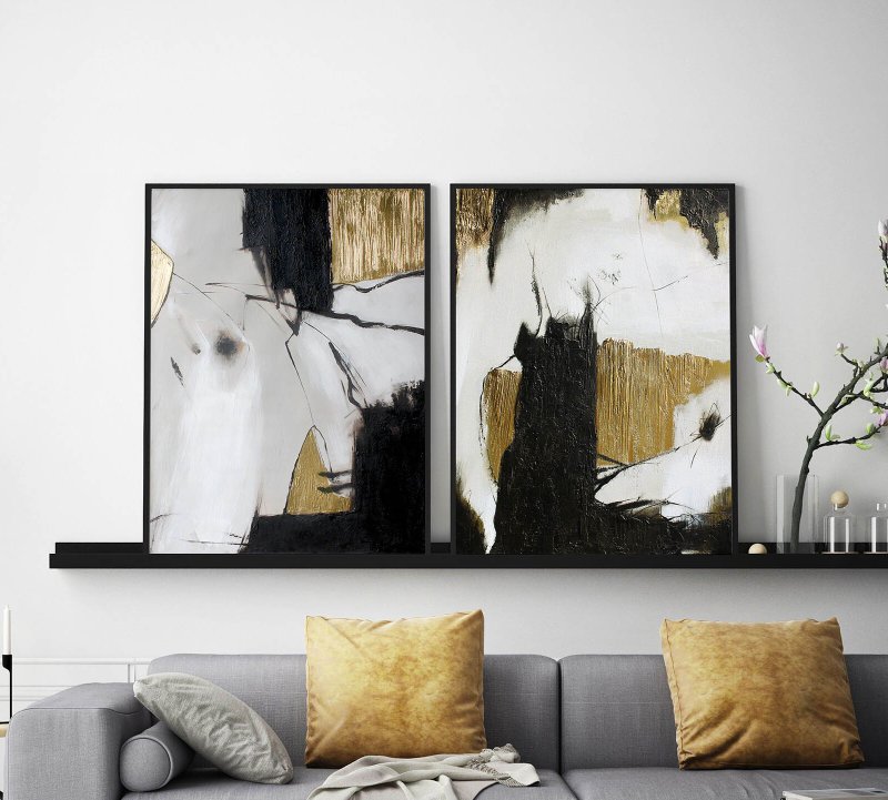 Black and Gold Abstract Acrylic Painting | Luxury Wall Art | Aspiration set - 壁貼/牆壁裝飾 - 棉．麻 金色