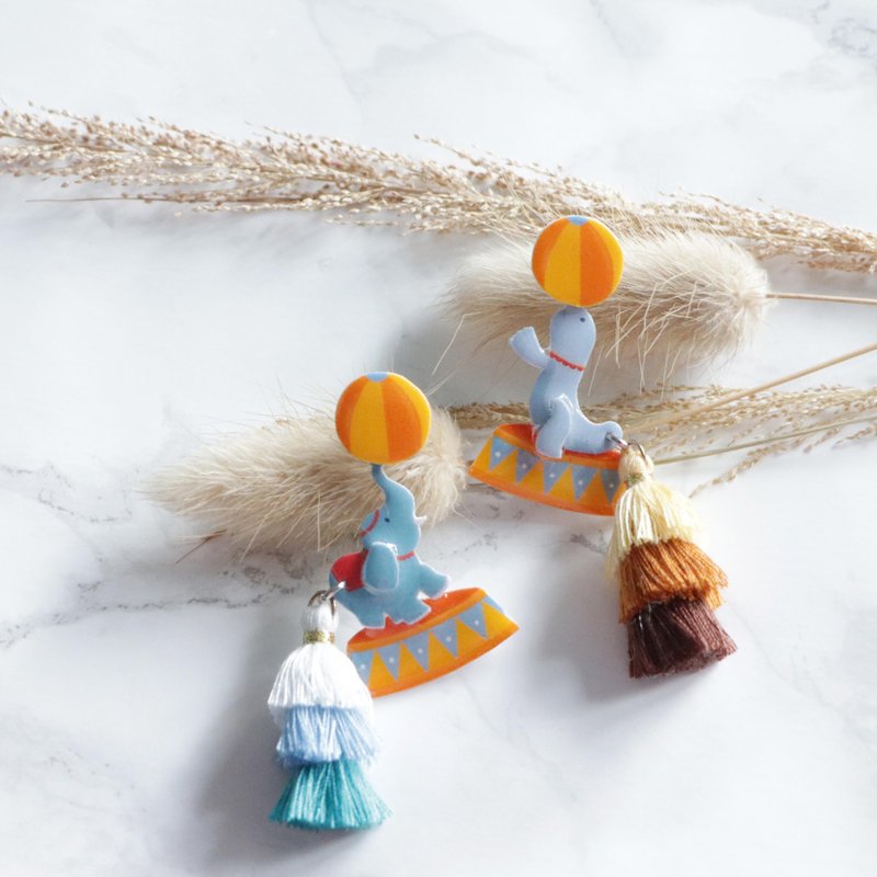 馬戲團大笨象與海獅耳環 - 耳環/耳夾/耳骨夾 - 塑膠 藍色