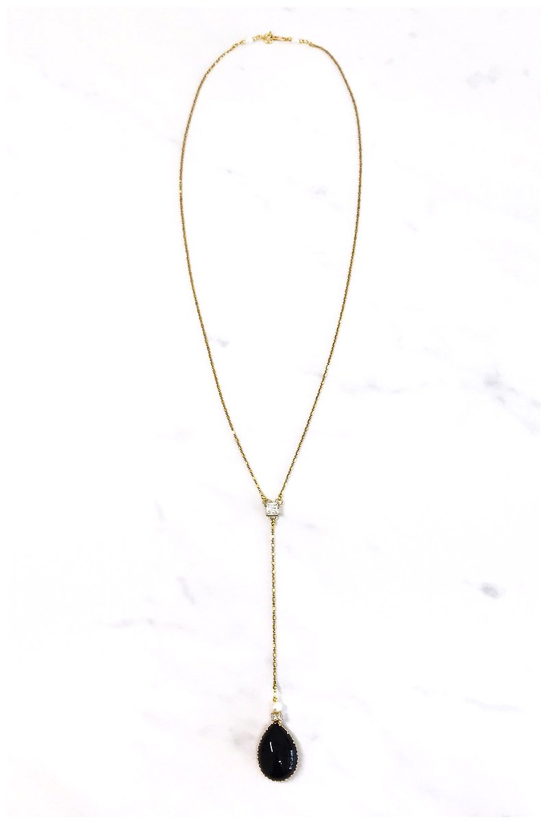 Black Onyx + ‧ ‧ Stone pearl necklace ‧ Bronze+ - Long Necklaces - Gemstone Black