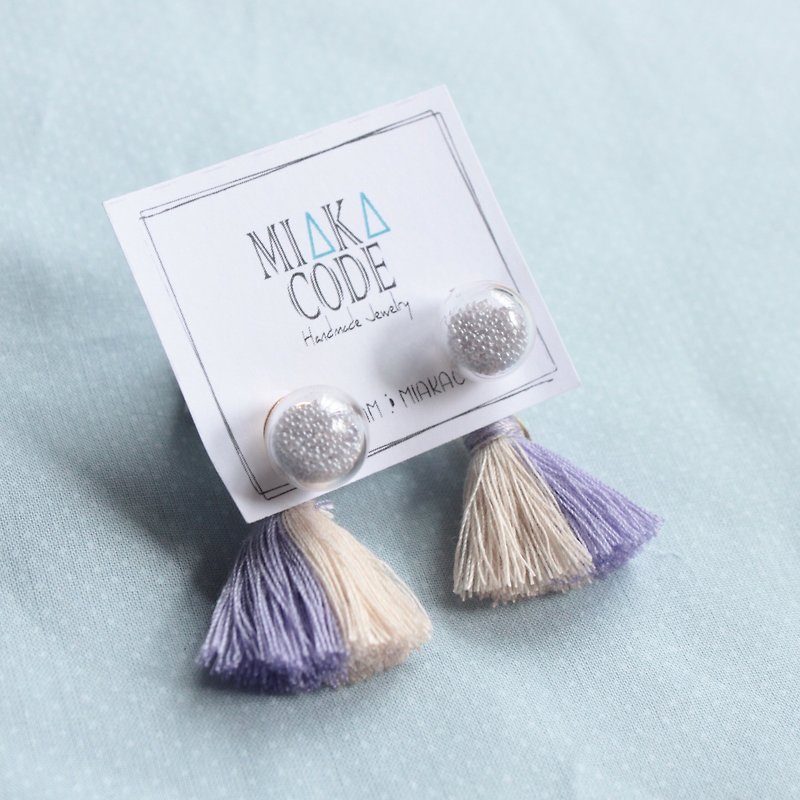 10mm Glass bubble earrings/ear-clips with Beige+Grey violet tassels - ต่างหู - แก้ว หลากหลายสี
