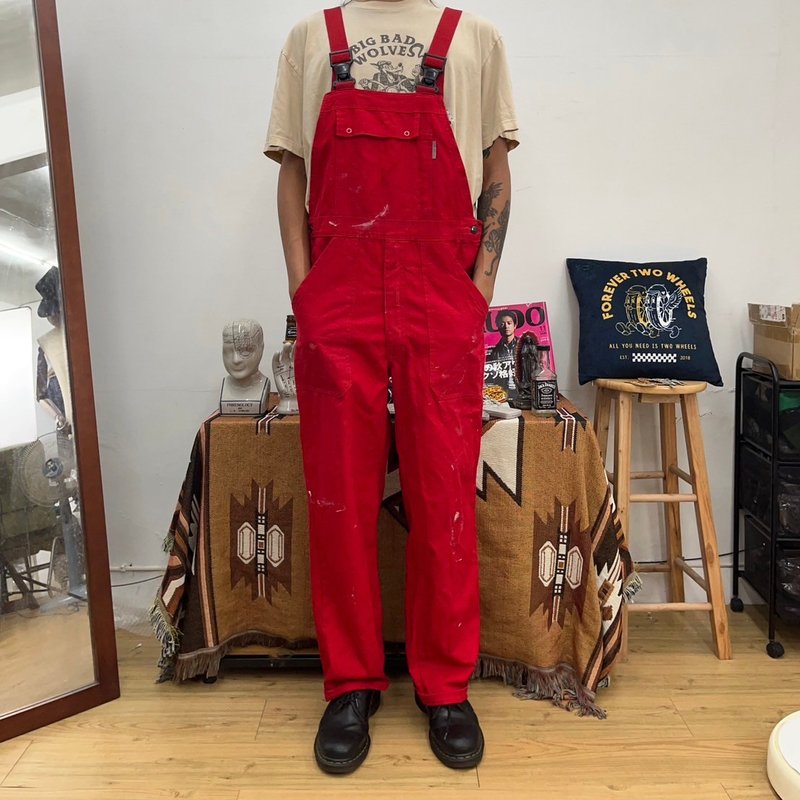 HAVER 水洗 油漆 紅色 工作褲 吊帶褲 古著 overalls 二手 - 男長褲/休閒褲 - 棉．麻 紅色