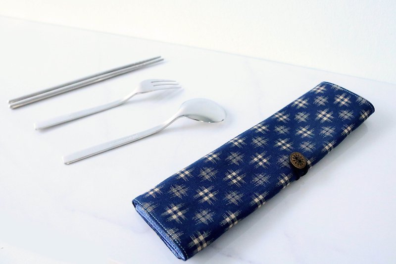 Big and cutlery bag - blue woven - อื่นๆ - ผ้าฝ้าย/ผ้าลินิน สีน้ำเงิน