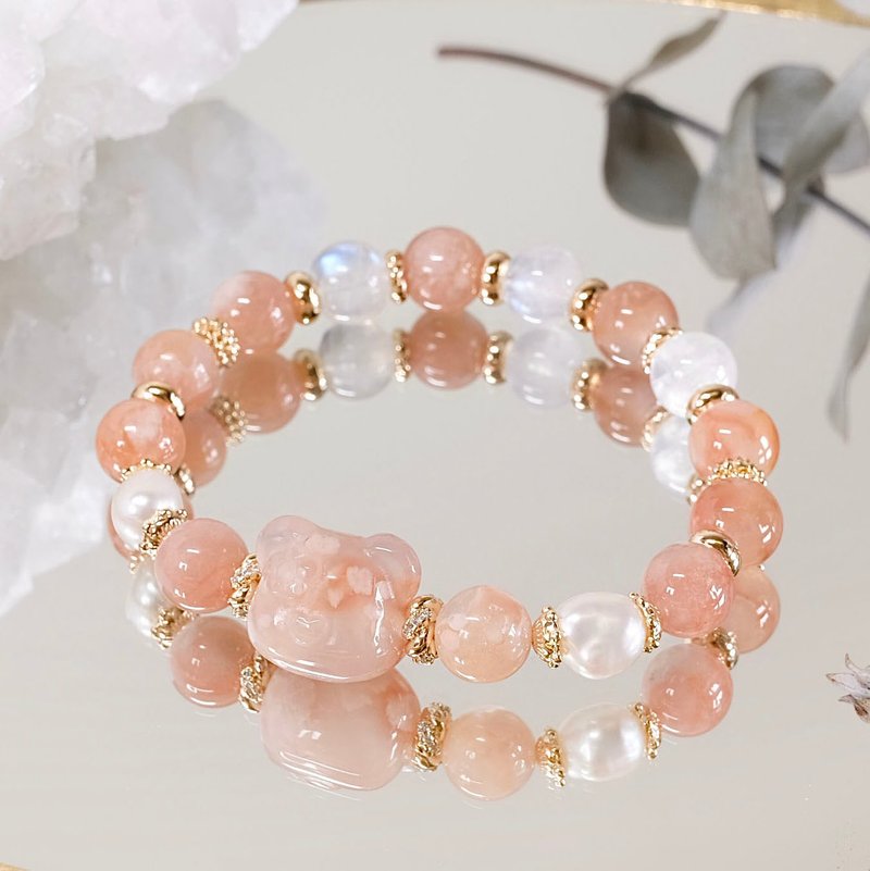 Cherry blossom agate bear moonstone pearl bracelet natural mineral crystal limited edition one picture one item - สร้อยข้อมือ - เครื่องเพชรพลอย สึชมพู