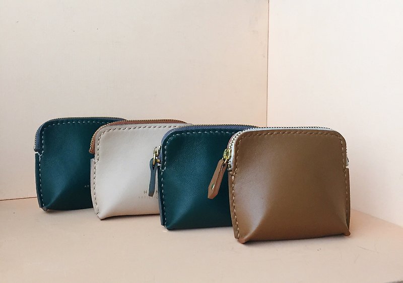 Handmade two-tone sheepskin coin purse _ green and gray - Coin Purses - Genuine Leather Green