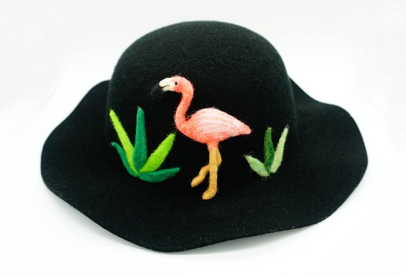 Needle felted hat with flamingo christmas gifts bucket hat for winter - Hats & Caps - Wool Black