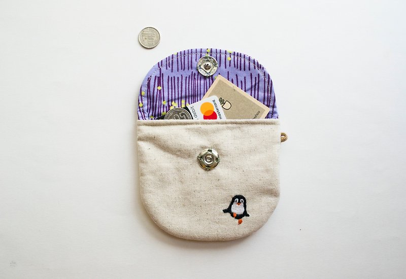 企鵝 Penguin Embroidered Linen Wee Pouch - Coin Purses - Cotton & Hemp Multicolor