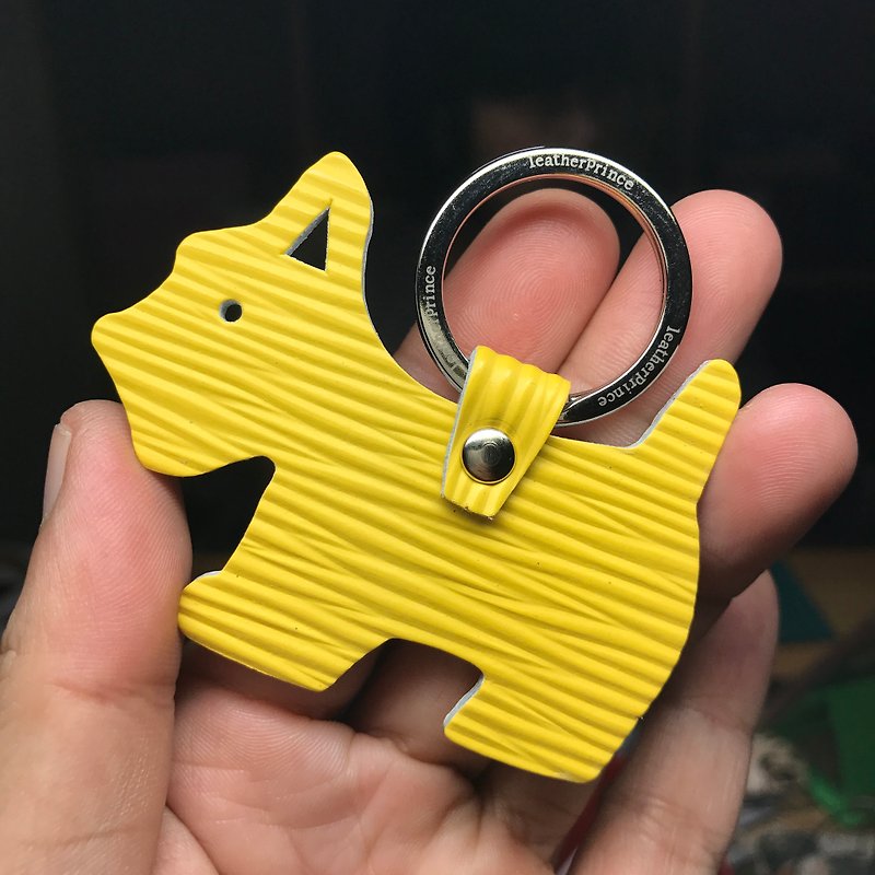 {Leatherprince handmade leather} Taiwan MIT yellow cute shenrui silhouette version leather key ring / Schnauzer Silhouette epi leather keychain in bright yellow (small size / - Keychains - Genuine Leather Yellow