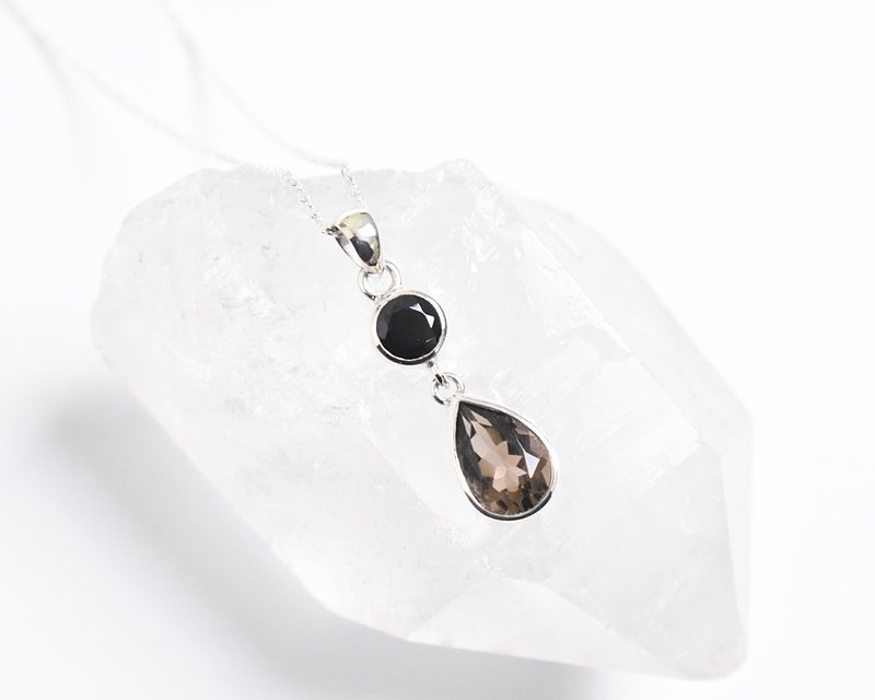 Smoky quartz and black spinel silver necklace, silver 925, natural stone - Necklaces - Gemstone Brown