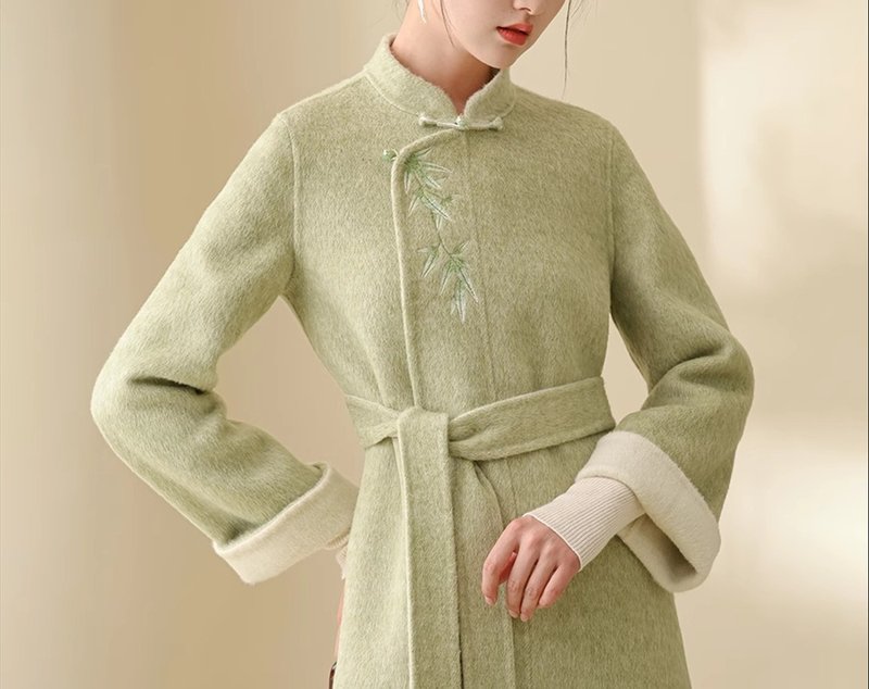 新中式  冬季雙面呢外套中國風刺繡真絲長款羊毛大衣 - 女上衣/長袖上衣 - 其他材質 綠色