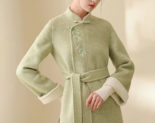 初蟬 新中式 冬季雙面呢外套中國風刺繡真絲長款羊毛大衣
