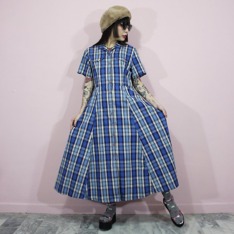 (Vintage dresses) Blue Summer Plaid Japanese vintage dress (birthday gift) F3217 - One Piece Dresses - Cotton & Hemp Blue