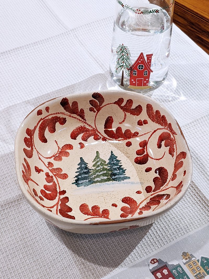 義大利手工陶-BA阿爾卑斯山的小屋 方深碗 17cm - 碗 - 陶 紅色
