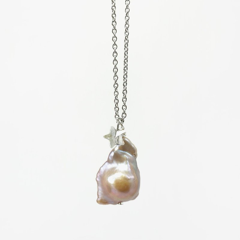 Unique Asymmetrical Baroque Pearl Necklace on Stainless Steel Chain - Necklaces - Pearl Khaki