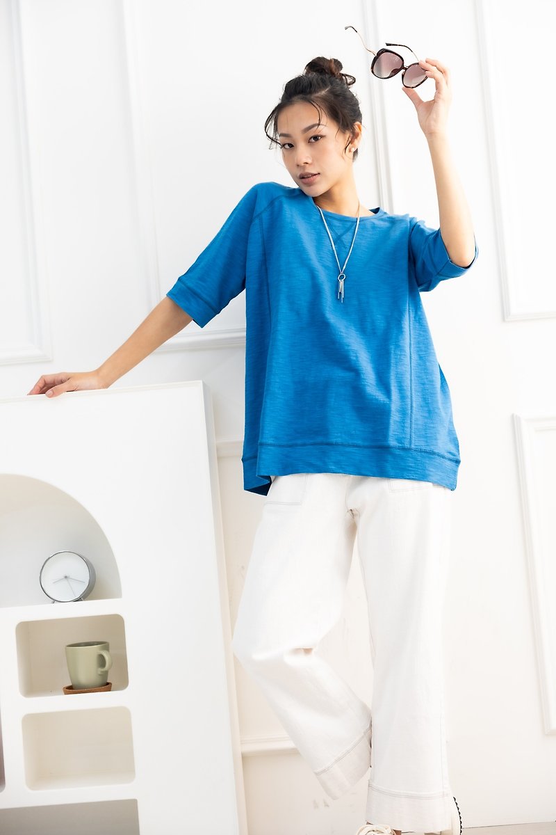 Plain round neck pure cotton short-sleeved top blue - Women's T-Shirts - Cotton & Hemp Blue
