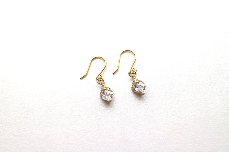 Princess-Brass zircon earrings - ต่างหู - ทองแดงทองเหลือง ขาว