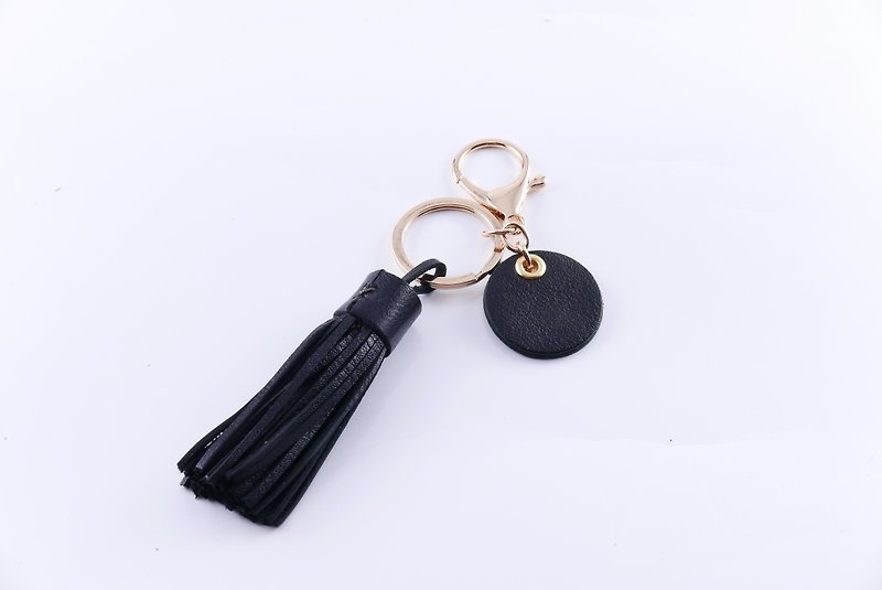 Handmade leather - tassel charm key ring - black / can be engraved English name - Keychains - Genuine Leather Black