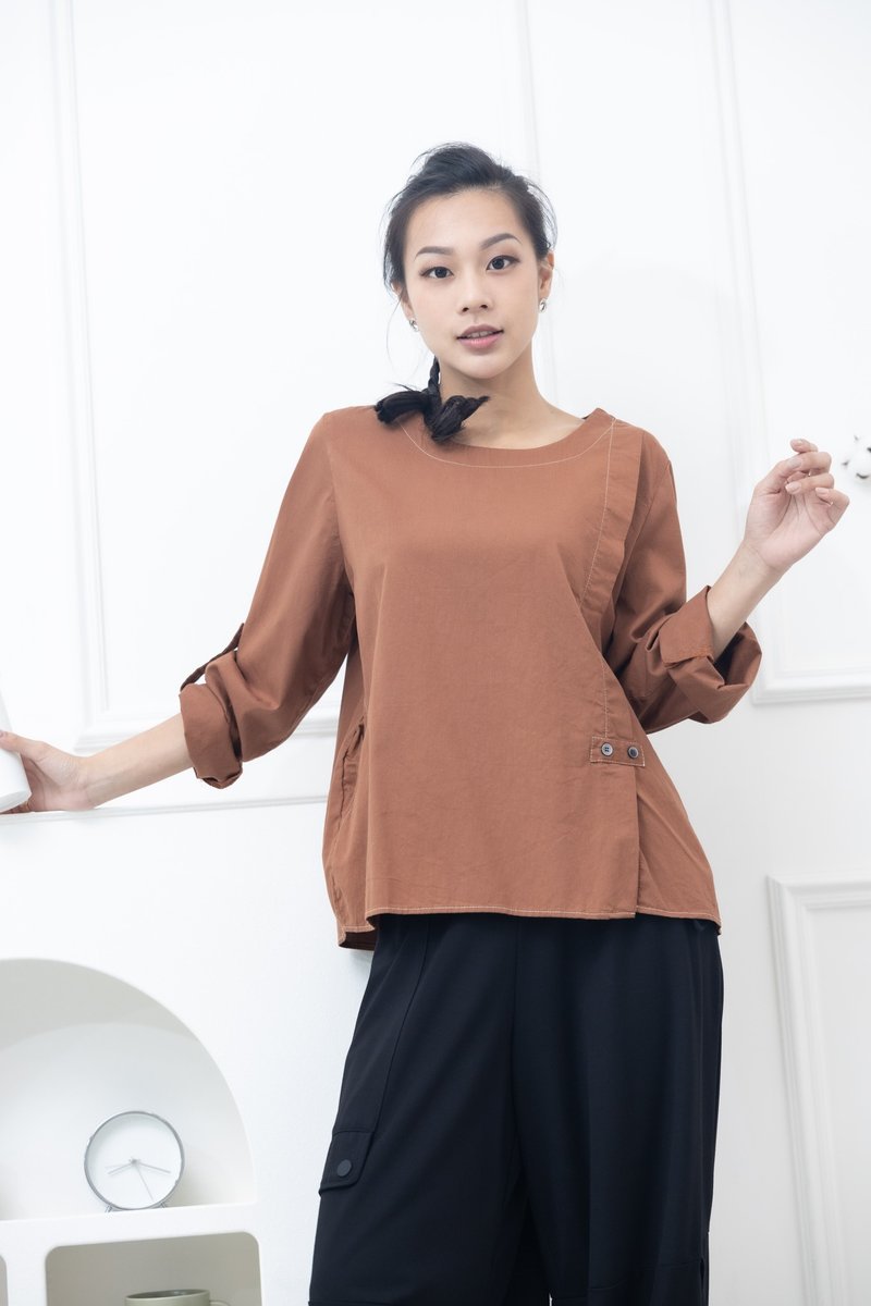 袖子鈕扣長袖上衣 紅棕色 - 女上衣/長袖上衣 - 其他材質 紅色