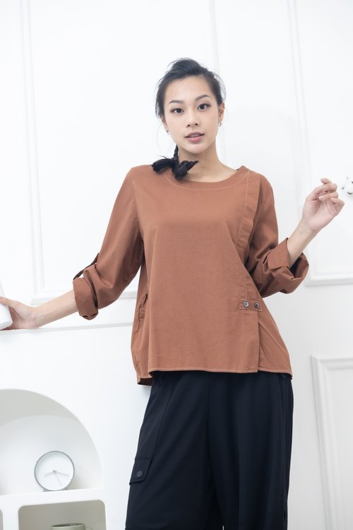 Meya 編縫編織 袖子鈕扣長袖上衣 紅棕色